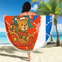 Nicaragua Christmas Beach Blanket with Jaguar in Sleigh Christmas Tree Snowflakes and Flag Colors Design - Wonder Print Shop