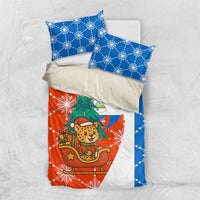 Nicaragua Christmas Bedding Set with Jaguar in Sleigh Christmas Tree Snowflakes and Flag Colors Design - Wonder Print Shop