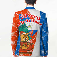 Nicaragua Christmas Blazer with Jaguar in Sleigh Christmas Tree Snowflakes and Flag Colors Design - Wonder Print Shop