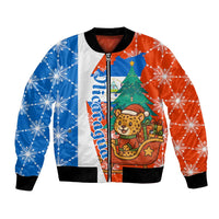 Nicaragua Christmas Bomber Jacket with Jaguar in Sleigh Christmas Tree Snowflakes and Flag Colors Design - Wonder Print Shop