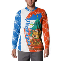 Nicaragua Christmas Button Sweatshirt with Jaguar in Sleigh Christmas Tree Snowflakes and Flag Colors Design - Wonder Print Shop