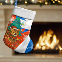 Nicaragua Christmas Stocking with Jaguar in Sleigh Christmas Tree Snowflakes and Flag Colors Design - Wonder Print Shop