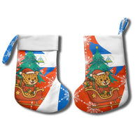 Nicaragua Christmas Stocking with Jaguar in Sleigh Christmas Tree Snowflakes and Flag Colors Design - Wonder Print Shop