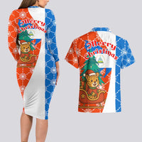 Nicaragua Christmas Couples Matching Long Sleeve Bodycon Dress and Hawaiian Shirt with Jaguar in Sleigh Christmas Tree Snowflakes and Flag Colors Design - Wonder Print Shop