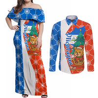 Nicaragua Christmas Couples Matching Off Shoulder Maxi Dress and Long Sleeve Button Shirt with Jaguar in Sleigh Christmas Tree Snowflakes and Flag Colors Design - Wonder Print Shop