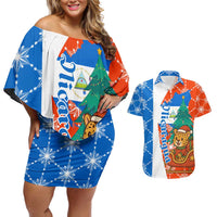 Nicaragua Christmas Couples Matching Off Shoulder Short Dress and Hawaiian Shirt with Jaguar in Sleigh Christmas Tree Snowflakes and Flag Colors Design - Wonder Print Shop