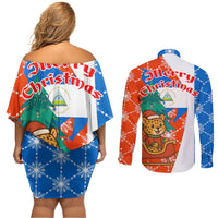 Nicaragua Christmas Couples Matching Off Shoulder Short Dress and Long Sleeve Button Shirt with Jaguar in Sleigh Christmas Tree Snowflakes and Flag Colors Design - Wonder Print Shop