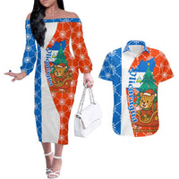 Nicaragua Christmas Couples Matching Off The Shoulder Long Sleeve Dress and Hawaiian Shirt with Jaguar in Sleigh Christmas Tree Snowflakes and Flag Colors Design - Wonder Print Shop