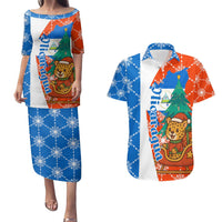 Nicaragua Christmas Couples Matching Puletasi and Hawaiian Shirt with Jaguar in Sleigh Christmas Tree Snowflakes and Flag Colors Design - Wonder Print Shop