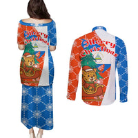 Nicaragua Christmas Couples Matching Puletasi and Long Sleeve Button Shirt with Jaguar in Sleigh Christmas Tree Snowflakes and Flag Colors Design - Wonder Print Shop