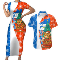 Nicaragua Christmas Couples Matching Short Sleeve Bodycon Dress and Hawaiian Shirt with Jaguar in Sleigh Christmas Tree Snowflakes and Flag Colors Design - Wonder Print Shop