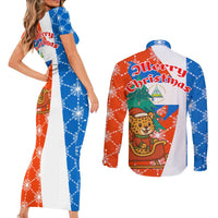 Nicaragua Christmas Couples Matching Short Sleeve Bodycon Dress and Long Sleeve Button Shirt with Jaguar in Sleigh Christmas Tree Snowflakes and Flag Colors Design - Wonder Print Shop