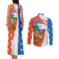 Nicaragua Christmas Couples Matching Tank Maxi Dress and Long Sleeve Button Shirt with Jaguar in Sleigh Christmas Tree Snowflakes and Flag Colors Design - Wonder Print Shop