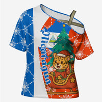 Nicaragua Christmas Cross Shoulder Shirt with Jaguar in Sleigh Christmas Tree Snowflakes and Flag Colors Design - Wonder Print Shop