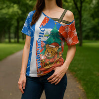 Nicaragua Christmas Cross Shoulder Shirt with Jaguar in Sleigh Christmas Tree Snowflakes and Flag Colors Design - Wonder Print Shop