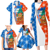 Nicaragua Christmas Family Matching Long Sleeve Bodycon Dress and Hawaiian Shirt with Jaguar in Sleigh Christmas Tree Snowflakes and Flag Colors Design - Wonder Print Shop
