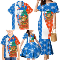 Nicaragua Christmas Family Matching Mermaid Dress and Hawaiian Shirt with Jaguar in Sleigh Christmas Tree Snowflakes and Flag Colors Design - Wonder Print Shop