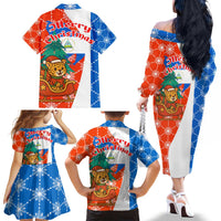 Nicaragua Christmas Family Matching Off The Shoulder Long Sleeve Dress and Hawaiian Shirt with Jaguar in Sleigh Christmas Tree Snowflakes and Flag Colors Design - Wonder Print Shop