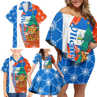 Nicaragua Christmas Family Matching Off Shoulder Short Dress and Hawaiian Shirt with Jaguar in Sleigh Christmas Tree Snowflakes and Flag Colors Design - Wonder Print Shop