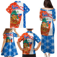 Nicaragua Christmas Family Matching Puletasi and Hawaiian Shirt with Jaguar in Sleigh Christmas Tree Snowflakes and Flag Colors Design - Wonder Print Shop
