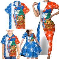 Nicaragua Christmas Family Matching Short Sleeve Bodycon Dress and Hawaiian Shirt with Jaguar in Sleigh Christmas Tree Snowflakes and Flag Colors Design - Wonder Print Shop