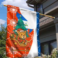 Nicaragua Christmas Garden Flag with Jaguar in Sleigh Christmas Tree Snowflakes and Flag Colors Design - Wonder Print Shop