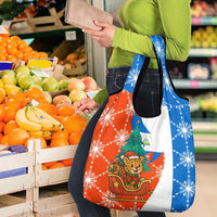 Nicaragua Christmas Grocery Bag with Jaguar in Sleigh Christmas Tree Snowflakes and Flag Colors Design - Wonder Print Shop