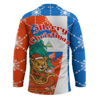 Nicaragua Christmas Hockey Jersey with Jaguar in Sleigh Christmas Tree Snowflakes and Flag Colors Design - Wonder Print Shop
