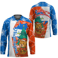 Nicaragua Christmas Hockey Jersey with Jaguar in Sleigh Christmas Tree Snowflakes and Flag Colors Design - Wonder Print Shop