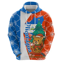 Nicaragua Christmas Hoodie with Jaguar in Sleigh Christmas Tree Snowflakes and Flag Colors Design - Wonder Print Shop
