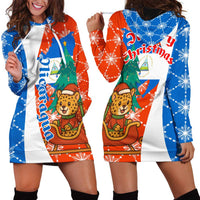 Nicaragua Christmas Hoodie Dress with Jaguar in Sleigh Christmas Tree Snowflakes and Flag Colors Design - Wonder Print Shop