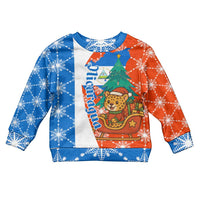 Nicaragua Christmas Kid Ugly Christmas Sweater with Jaguar in Sleigh Christmas Tree Snowflakes and Flag Colors Design - Wonder Print Shop