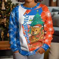 Nicaragua Christmas Kid Ugly Christmas Sweater with Jaguar in Sleigh Christmas Tree Snowflakes and Flag Colors Design - Wonder Print Shop