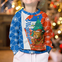 Nicaragua Christmas Kid Ugly Christmas Sweater with Jaguar in Sleigh Christmas Tree Snowflakes and Flag Colors Design - Wonder Print Shop