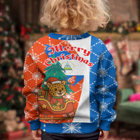 Nicaragua Christmas Kid Ugly Christmas Sweater with Jaguar in Sleigh Christmas Tree Snowflakes and Flag Colors Design - Wonder Print Shop