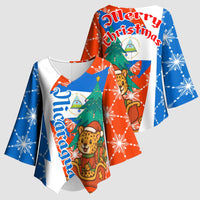 Nicaragua Christmas Kimono Sleeve Blouse with Jaguar in Sleigh Christmas Tree Snowflakes and Flag Colors Design - Wonder Print Shop