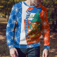Nicaragua Christmas Ugly Christmas Sweater with Jaguar in Sleigh Christmas Tree Snowflakes and Flag Colors Design - Wonder Print Shop