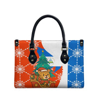 Nicaragua Christmas Leather Bag with Jaguar in Sleigh Christmas Tree Snowflakes and Flag Colors Design - Wonder Print Shop
