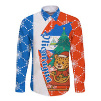 Nicaragua Christmas Long Sleeve Button Shirt with Jaguar in Sleigh Christmas Tree Snowflakes and Flag Colors Design - Wonder Print Shop