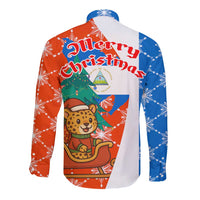 Nicaragua Christmas Long Sleeve Button Shirt with Jaguar in Sleigh Christmas Tree Snowflakes and Flag Colors Design - Wonder Print Shop