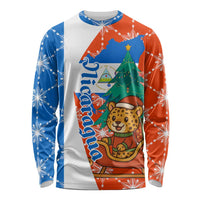 Nicaragua Christmas Long Sleeve Shirt with Jaguar in Sleigh Christmas Tree Snowflakes and Flag Colors Design - Wonder Print Shop