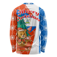 Nicaragua Christmas Long Sleeve Shirt with Jaguar in Sleigh Christmas Tree Snowflakes and Flag Colors Design - Wonder Print Shop