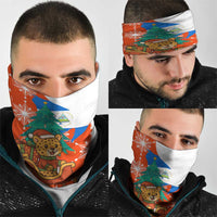 Nicaragua Christmas Neck Gaiter with Jaguar in Sleigh Christmas Tree Snowflakes and Flag Colors Design - Wonder Print Shop