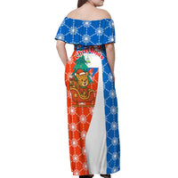 Nicaragua Christmas Off Shoulder Maxi Dress with Jaguar in Sleigh Christmas Tree Snowflakes and Flag Colors Design - Wonder Print Shop