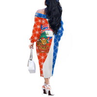 Nicaragua Christmas Off The Shoulder Long Sleeve Dress with Jaguar in Sleigh Christmas Tree Snowflakes and Flag Colors Design - Wonder Print Shop