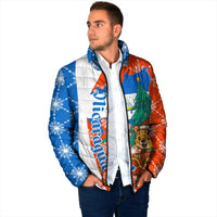 Nicaragua Christmas Padded Jacket with Jaguar in Sleigh Christmas Tree Snowflakes and Flag Colors Design - Wonder Print Shop