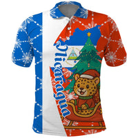 Nicaragua Christmas Polo Shirt with Jaguar in Sleigh Christmas Tree Snowflakes and Flag Colors Design - Wonder Print Shop