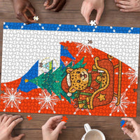 Nicaragua Christmas Puzzle with Jaguar in Sleigh Christmas Tree Snowflakes and Flag Colors Design - Wonder Print Shop