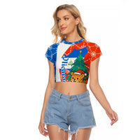 Nicaragua Christmas Raglan Cropped T Shirt with Jaguar in Sleigh Christmas Tree Snowflakes and Flag Colors Design - Wonder Print Shop