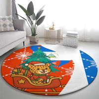 Nicaragua Christmas Round Carpet with Jaguar in Sleigh Christmas Tree Snowflakes and Flag Colors Design - Wonder Print Shop
